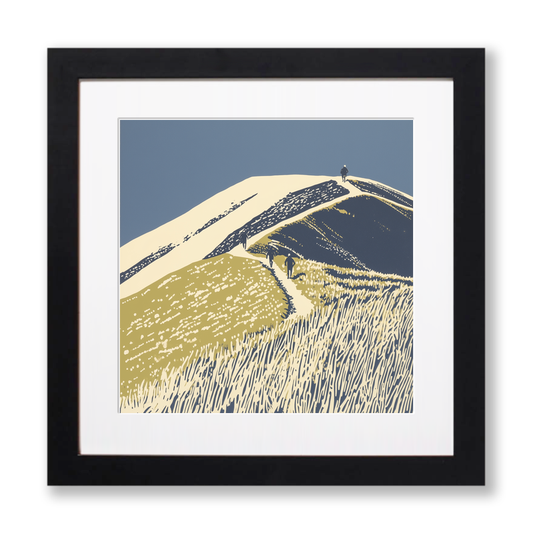 Fell runners descending steep slope Linoprint-Style Art (2427-1)