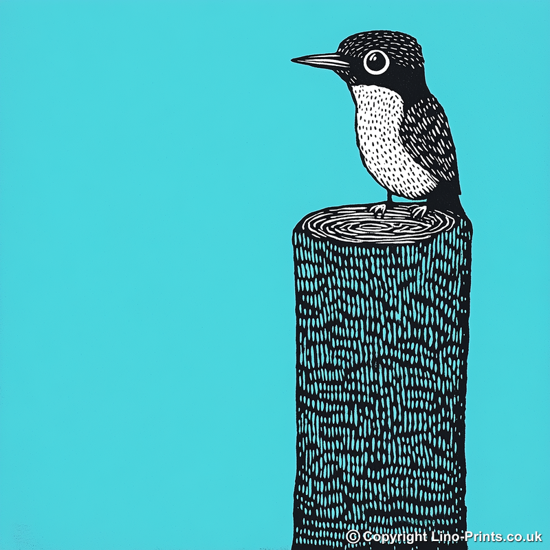 Woodpecker on tree trunk Linoprint-Style Art (741-1)