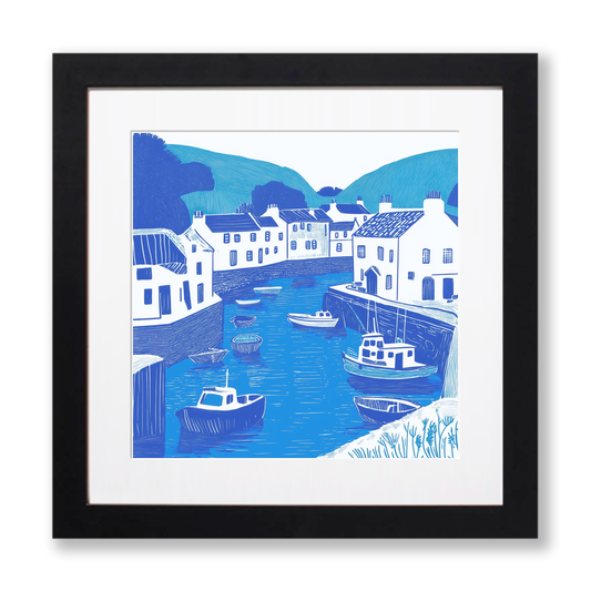Polperro Harbour, Cornwall Linoprint-Style Art (1098-1)