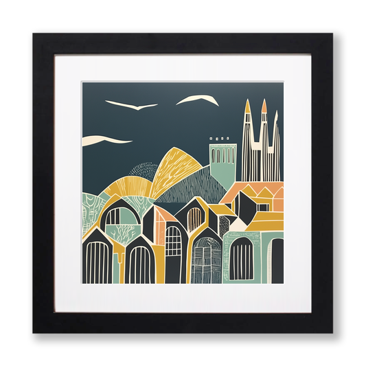Barcelona skyline Linoprint-Style Art (1129-1)