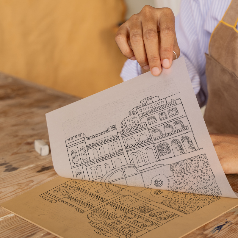 Havana crumbling colonial buildings Linoprint-Style Art (563-1)