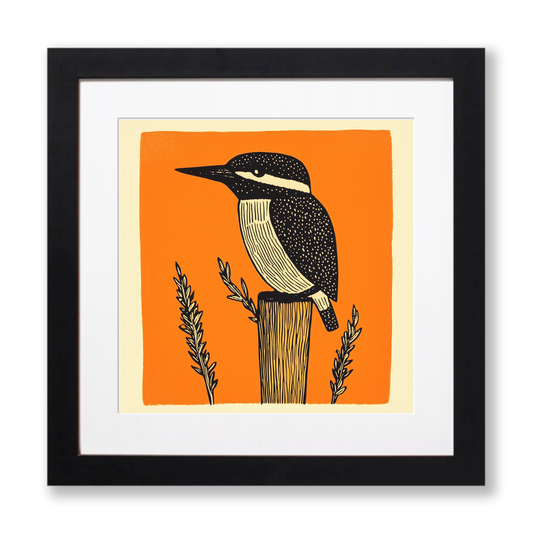 Kingfisher on a reed Linoprint-Style Art (259-1)