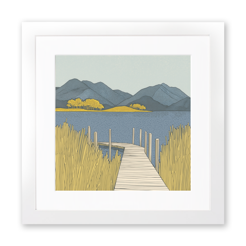 Derwentwater jetties and islands Linoprint-Style Art (2405-1)