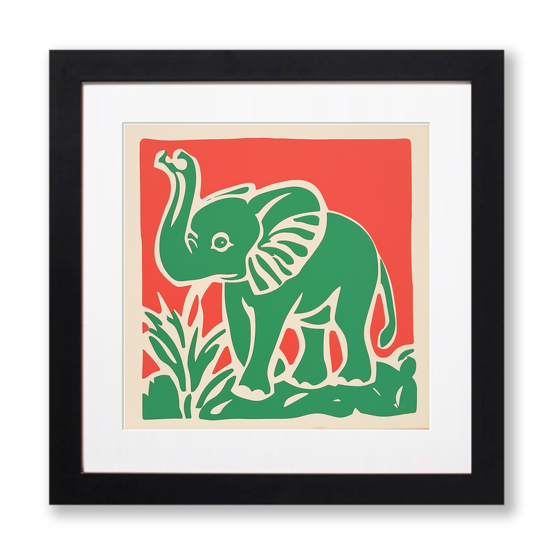 Cute Elephant Calf Linoprint-Style Art (378-1)