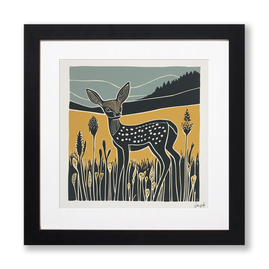 Cute Fawn (Baby Deer) Linoprint-Style Art (1202-1)