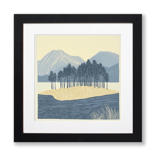 Pine trees silhouette on a lake island (e.g., Derwentwater) Linoprint-Style Art (2504-4)