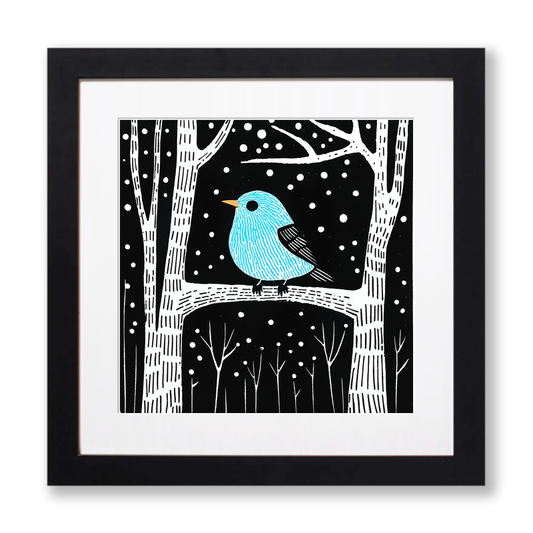 Robin on frosty branch Linoprint-Style Art (730-1)