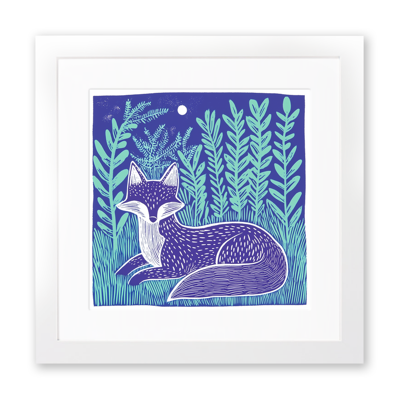 Ferns with resting fox Linoprint-Style Art (1004-1)