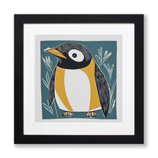 Cute Penguin Chick Linoprint-Style Art (1218-1)