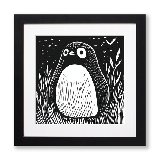 Cute Penguin Chick Linoprint-Style Art (927-1)