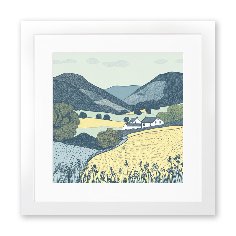 Borrowdale valley farms Linoprint-Style Art (2373-3)