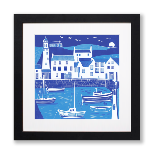 Mevagissey Harbour, Cornwall Linoprint-Style Art (1095-1)