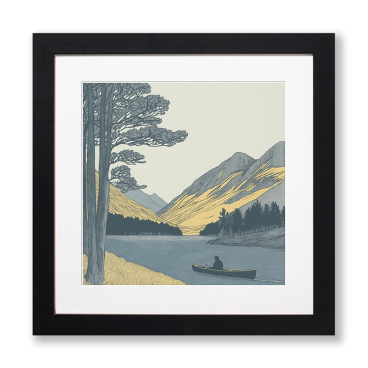 Kayaker near Buttermere pines Linoprint-Style Art (2467-1)