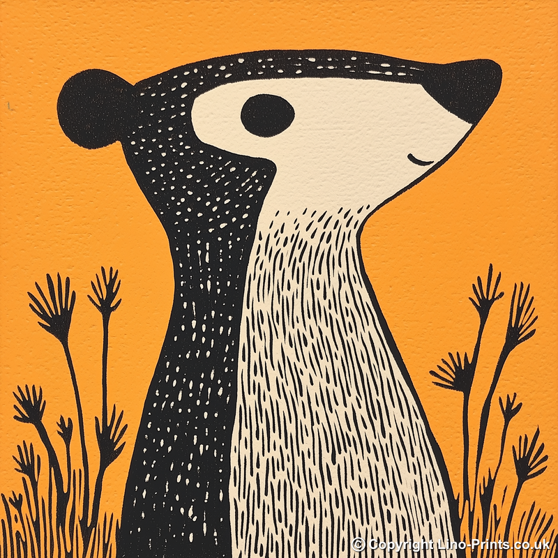 Cute Baby Badger Linoprint-Style Art (205-2)