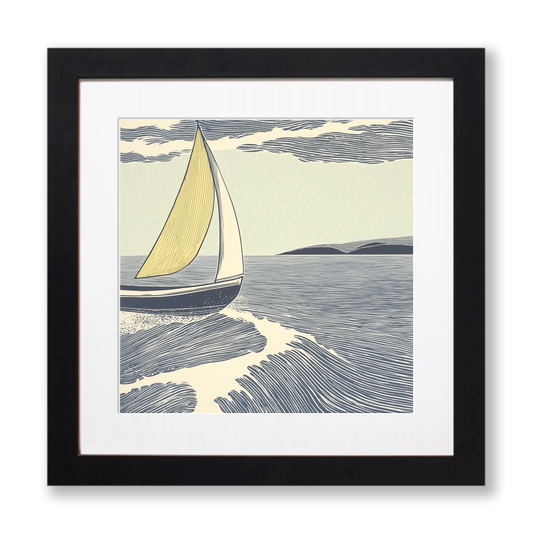 Sailing dinghy tilted by wind Linoprint-Style Art (2530-2)