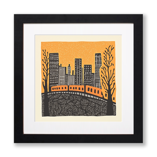 Chicago elevated train tracks Linoprint-Style Art (169-1)