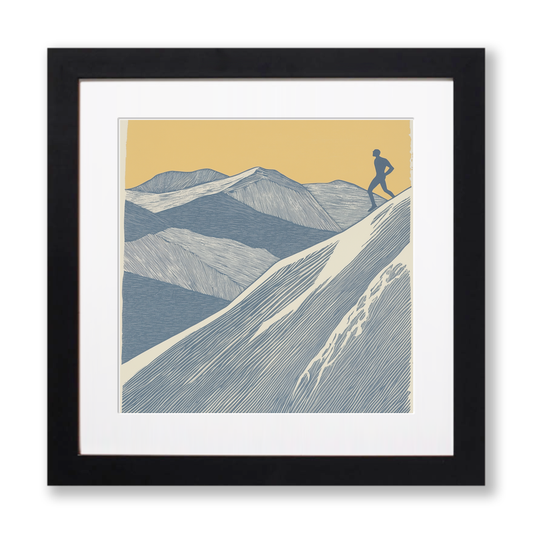 Fell runner silhouette descending slope Linoprint-Style Art (2426-2)