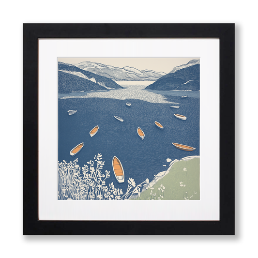 View of lake boats from above Linoprint-Style Art (2590-2)