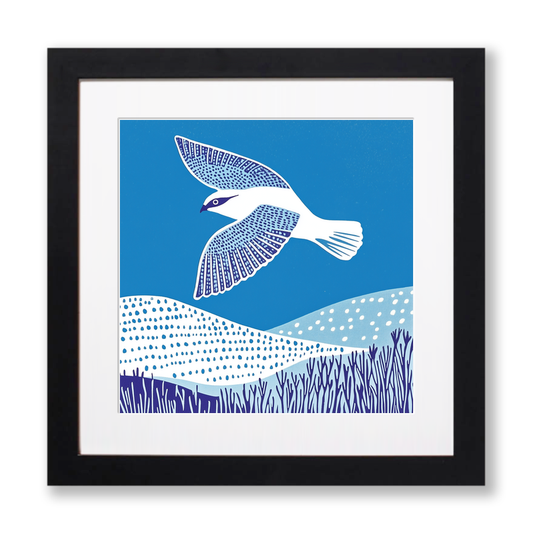 Kestrel hovering above dunes Linoprint-Style Art (1798-1)