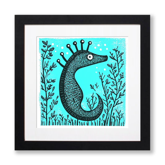 Seahorse in seaweed Linoprint-Style Art (732-1)