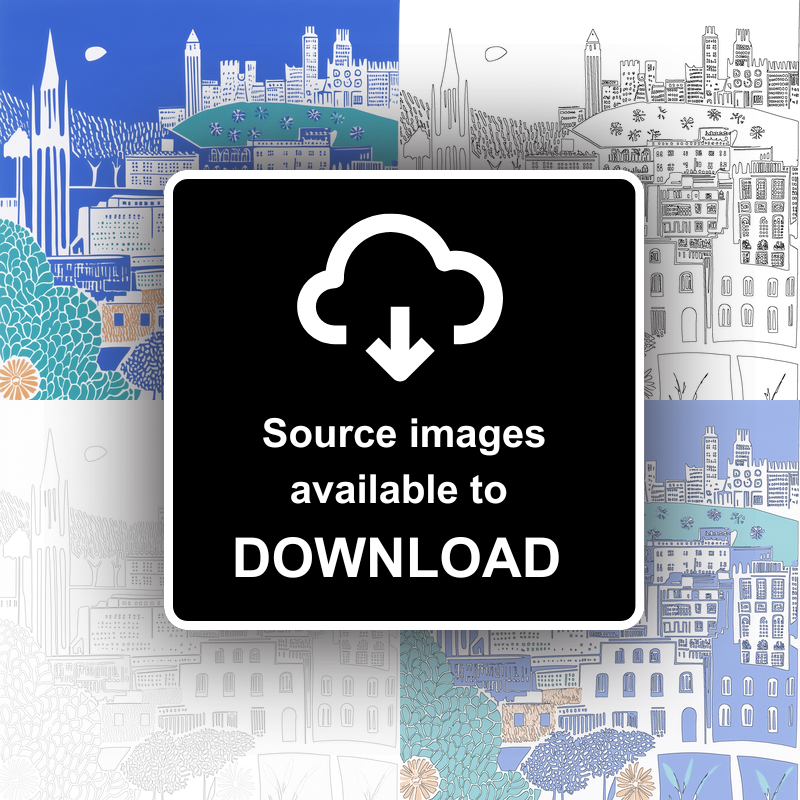 Barcelona skyline Linoprint-Style Art (838-1)