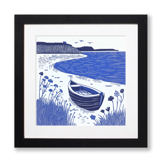Beached dinghy in the mud Linoprint-Style Art (1759-1)