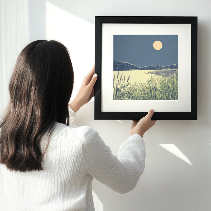 Sunset over a lake Linoprint-Style Art (2572-1)