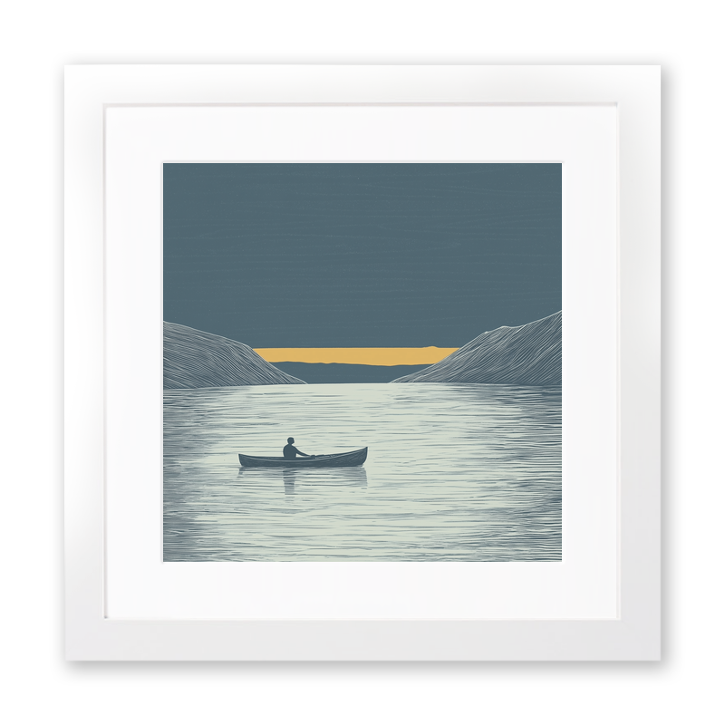 Kayaker silhouette on calm water Linoprint-Style Art (2468-1)