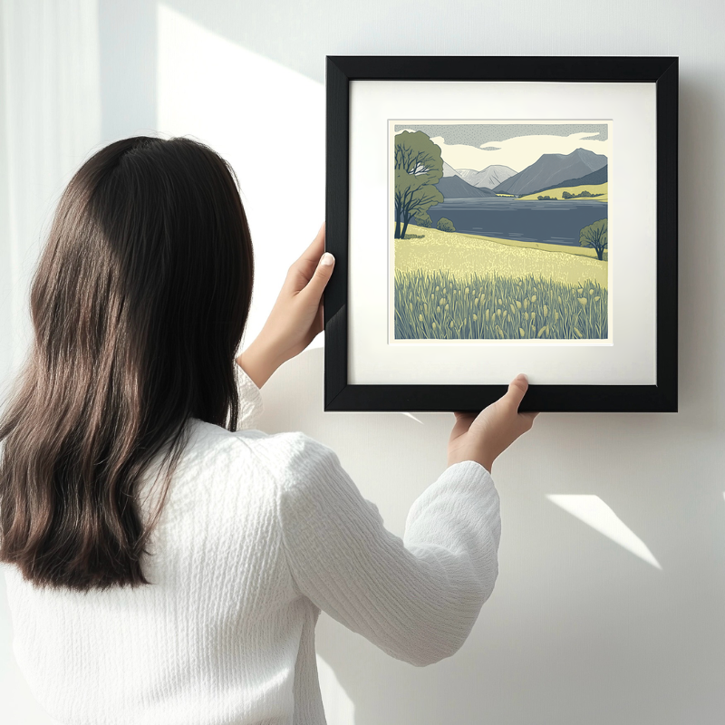 Loweswater tranquil scene Linoprint-Style Art (2484-1)