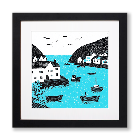 Lynmouth Harbour, Devon Linoprint-Style Art (803-1)
