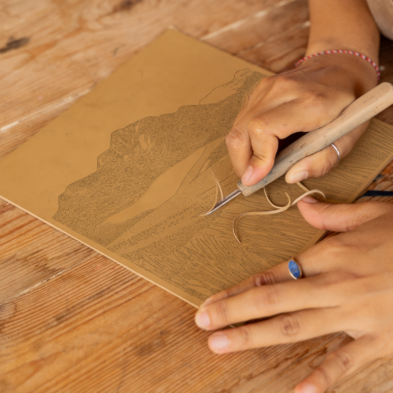 The Langdale Pikes silhouette in the Lake District Linoprint-Style Art (2579-2)