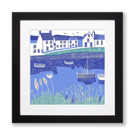 Reflections of boats in still harbour Linoprint-Style Art (1821-1)