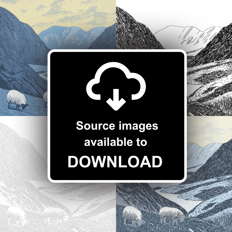 Sheep grazing below silhouetted crags Linoprint-Style Art (2541-2)