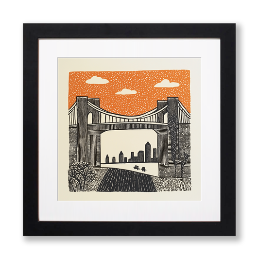 New York Brooklyn Bridge Linoprint-Style Art (184-1)