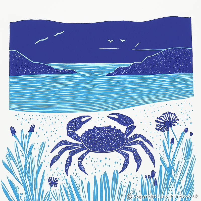 Crab on sand Linoprint-Style Art (1002-1)