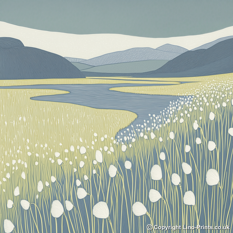 Cotton grass bog Linoprint-Style Art (2394-1)