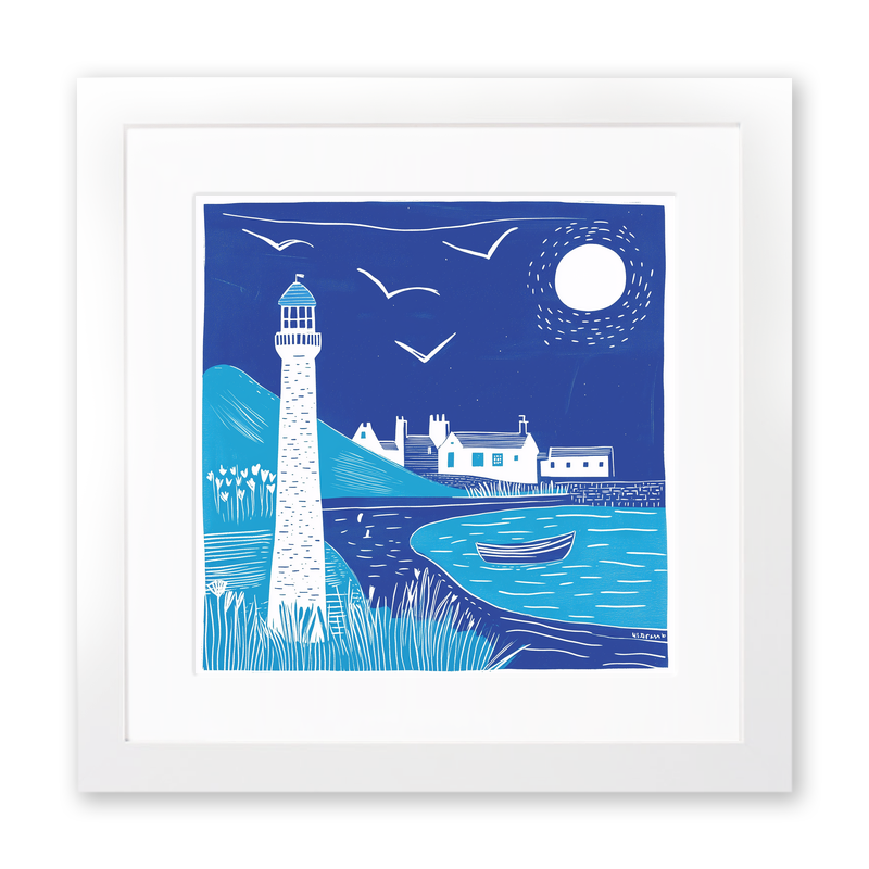 Lighthouse scene Linoprint-Style Art (972-1)