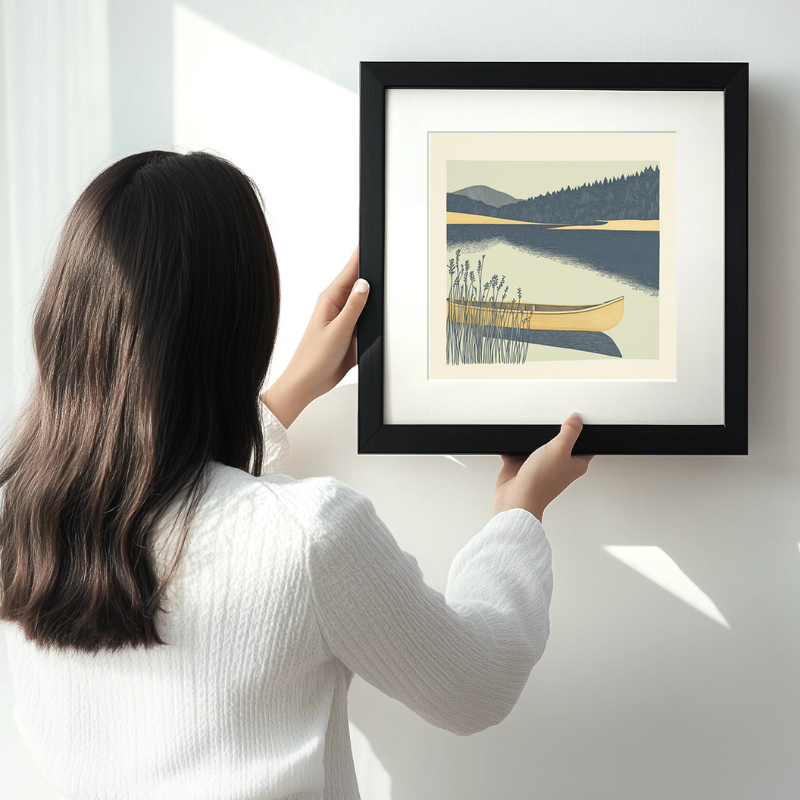 Kayak or canoe on a quiet lake Linoprint-Style Art (2466-1)