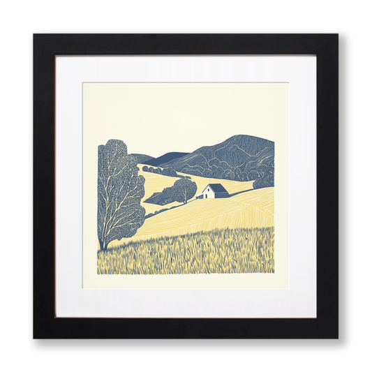 Farmstead nestled in valley Linoprint-Style Art (2423-1)
