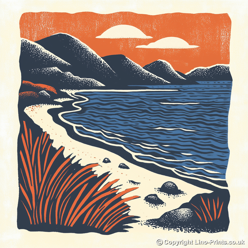 Camusdarach Beach, Arisaig Linoprint-Style Art (128-2)