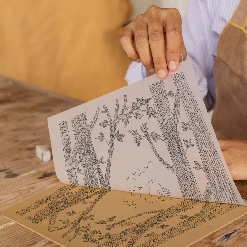 Brambles with birds nesting Linoprint-Style Art (709-1)