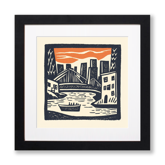 New York Brooklyn Bridge Linoprint-Style Art (22-2)