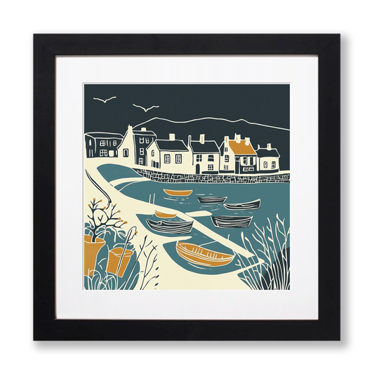 West Bay, Dorset Linoprint-Style Art (1393-2)