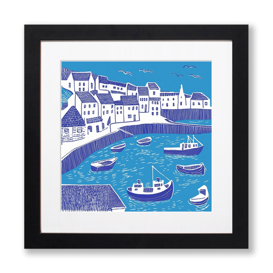 Looe Harbour, Cornwall Linoprint-Style Art (1092-1)