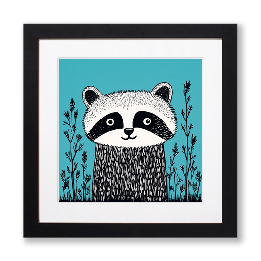 Cute Raccoon Kit Linoprint-Style Art (640-2)