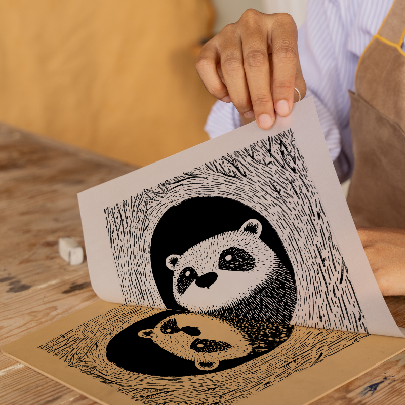 Badger emerging from sett Linoprint-Style Art (706-1)