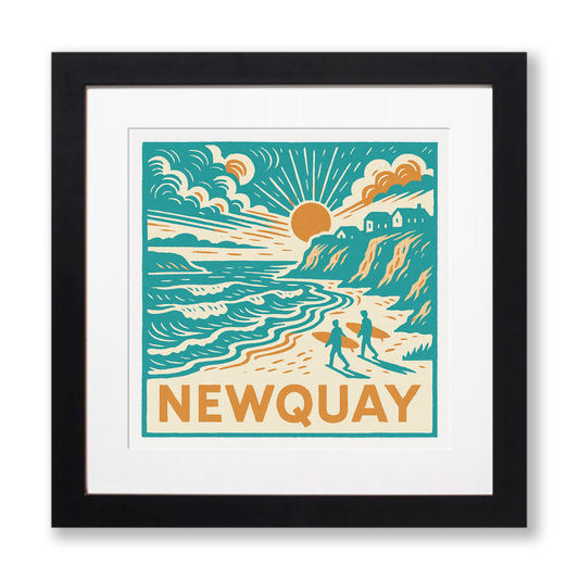 Newquay Beach Linoprint-Style Art (c2-1)