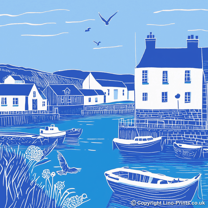 Padstow Harbour, Cornwall Linoprint-Style Art (1097-4)
