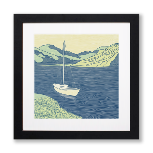 Yacht moored in quiet bay Linoprint-Style Art (2610-1)