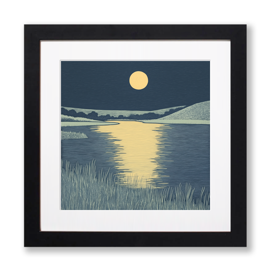 Moonlight reflecting on dark lake Linoprint-Style Art (2487-1)